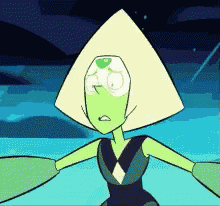 a cartoon character with a green head is standing in the water with her arms outstretched