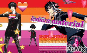 a picture of a man holding a knife with the words lesbian material behind him