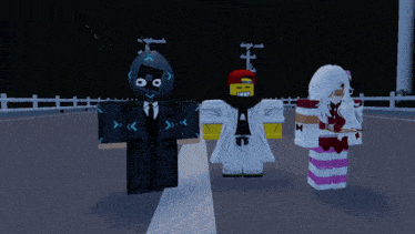 a man in a suit stands next to a girl in a white dress