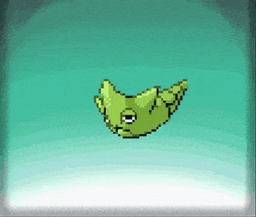 a pixel art of a green frog with a black eye