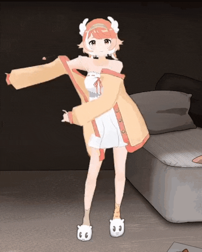 a cartoon girl is standing in front of a bed wearing a sweater and slippers