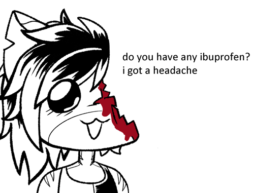 a black and white drawing of a person with blood on their nose asking if they have any ibuprofen