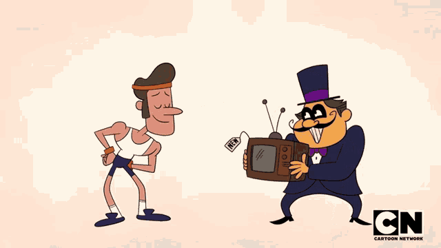 a cartoon of a man holding a tv next to a man holding money and a cartoon network logo