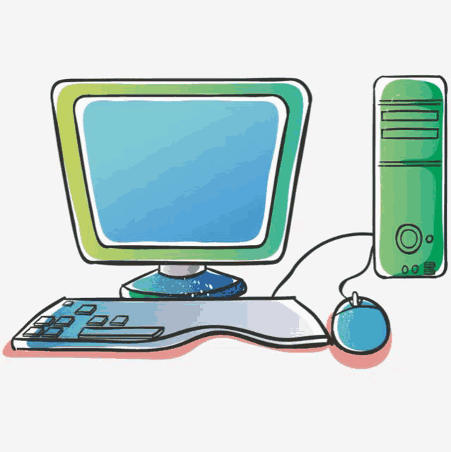 a cartoon drawing of a desktop computer with a keyboard and mouse