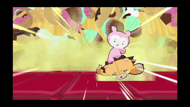 a video game screen shows a cartoon character being punched in the face
