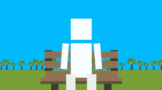 a pixel art of a person sitting on a bench with trees in the background