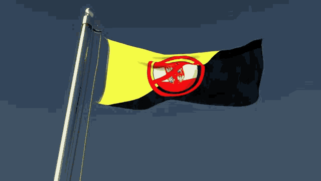 a yellow and black flag with a red circle that says no