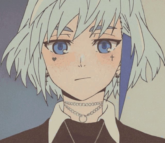 a girl with white hair and blue eyes has a cross on her forehead