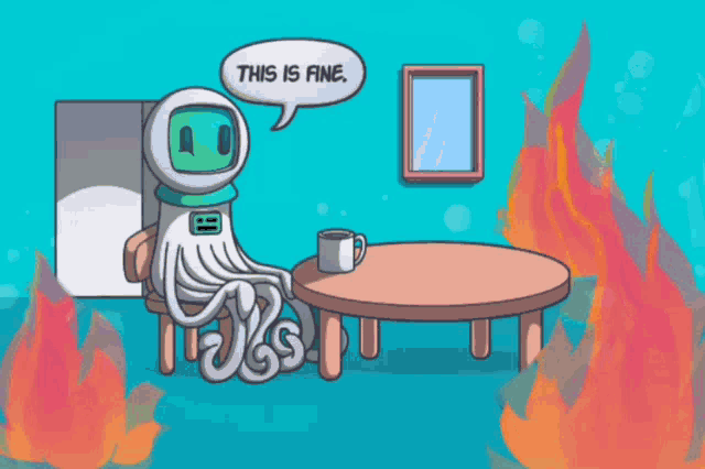 a cartoon character sitting at a table says this is fine
