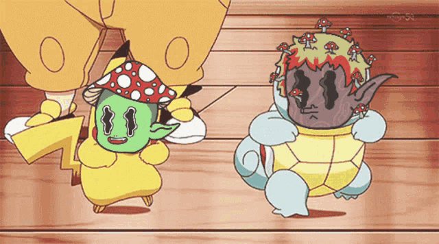 two cartoon characters are standing on a wooden floor and one has a mushroom on his head