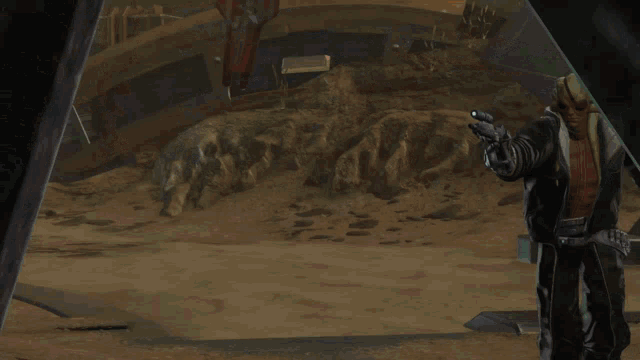 a video game character is holding a gun in a dark room