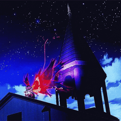a person is standing on the roof of a building in front of a tower with a starry sky in the background
