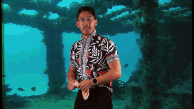 a man in a hawaiian shirt stands in front of a coral reef in the ocean