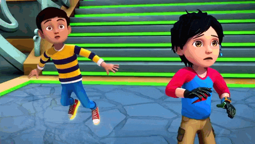 a boy in a yellow and blue striped shirt is running next to another boy