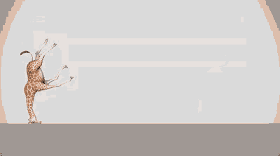 a giraffe is running on a gray surface