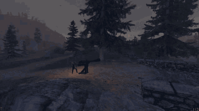 a screenshot of a video game shows a man holding a flamethrower in a dark forest