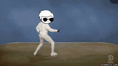 a couple of cartoon characters are dancing on a stage with a sword .