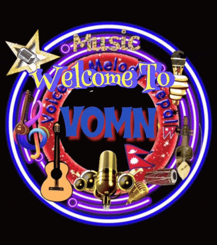 a neon sign that says welcome to vomn with various musical instruments