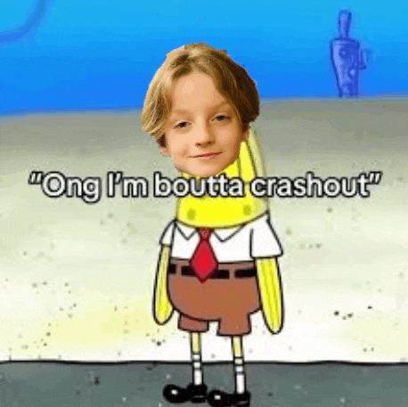 a cartoon of spongebob with a child 's face on it and the words `` ong i m boutta crashout ''