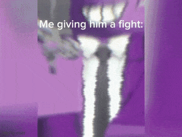 a purple background with a man in a suit and tie giving a fight .
