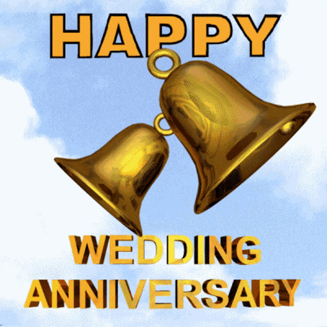 a happy wedding anniversary greeting card with two gold bells