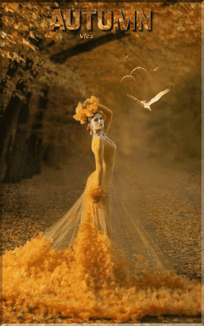 a painting of a woman in a long yellow dress with the words autumn written above her