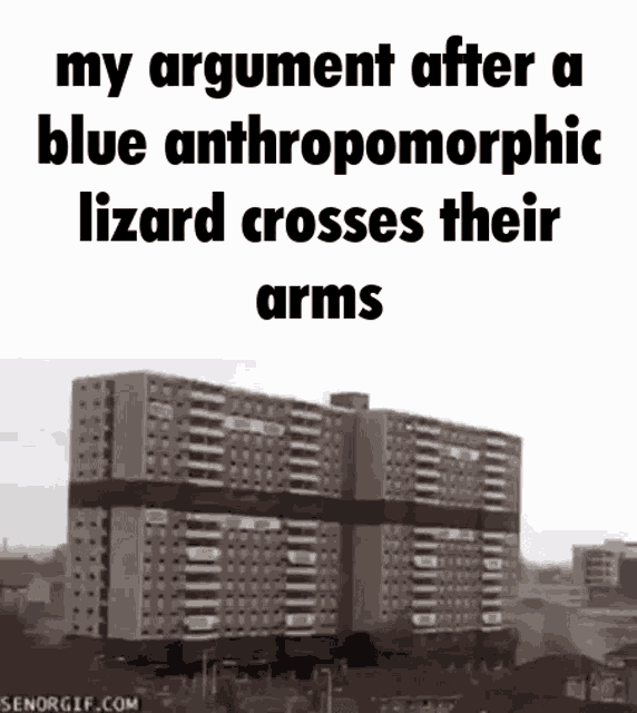a lizard crosses its arms in front of a tall building