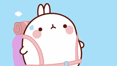 a cartoon rabbit is wearing a pink harness and carrying a pink backpack .