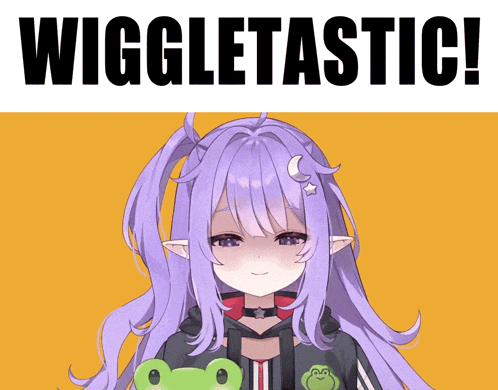 a picture of a girl with purple hair and the words wiggletastic
