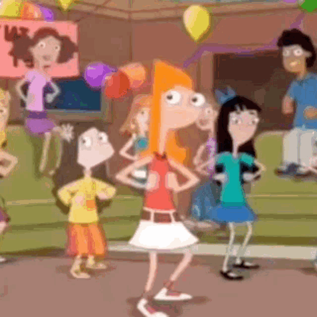a group of cartoon characters are dancing together in a room .