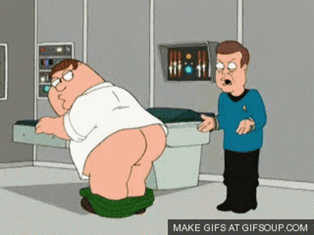 a cartoon of peter griffin standing next to a man with his pants down