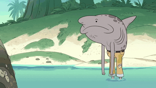 a cartoon character with a shark 's head and legs