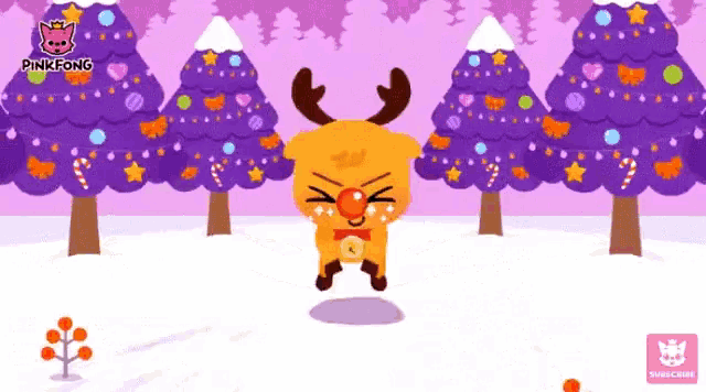 a reindeer with a red nose is jumping in the air in front of christmas trees