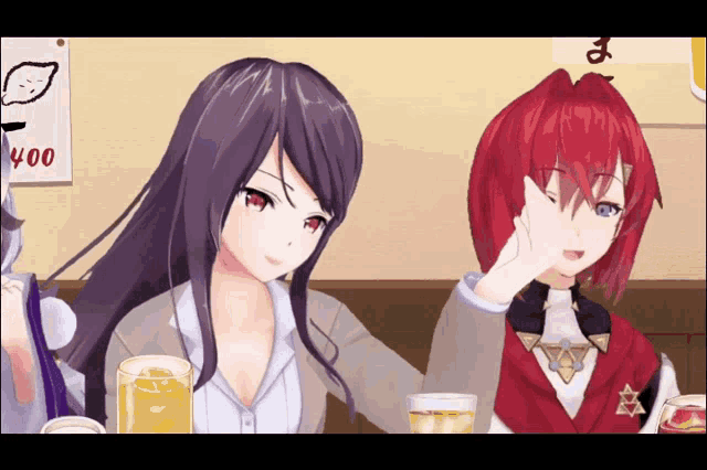 two anime girls are sitting at a table with a sign that says 400
