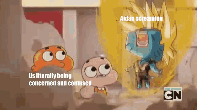 a cartoon of gumball , darwin and gumball with a caption that says aidan screaming