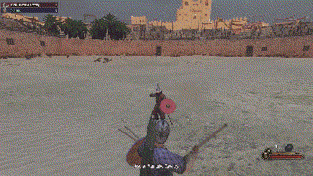 two men are fighting in a video game with a castle in the background ..