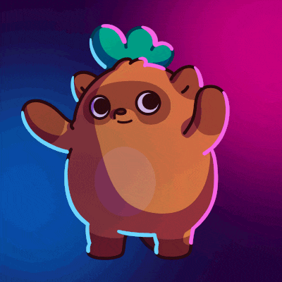 a cartoon drawing of a brown animal with a green leaf on its head