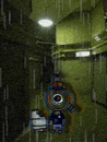 a cartoon character is standing in a hallway with rain coming down .
