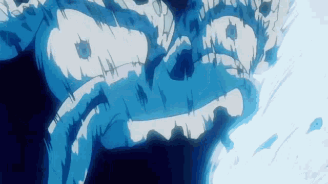 a close up of a person 's face with a blue background and a white mouth .