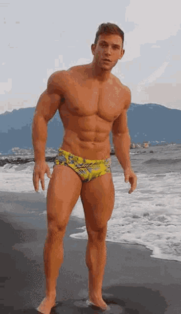 a muscular man in a yellow swim trunks is standing on a beach .