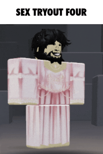 a picture of a man in a pink dress with the words sex tryout four below him