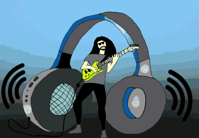 a cartoon of a man playing a guitar with headphones on