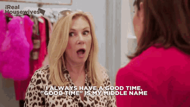 a woman in a leopard print shirt says " i always have a good time good time "