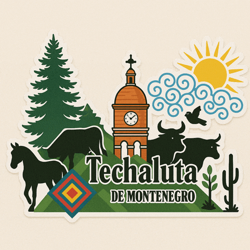 a sticker for techaluta de montenegro with a clock tower and animals