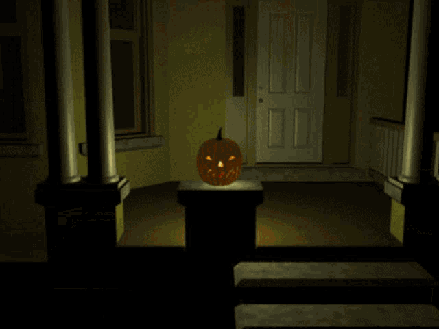 a pumpkin with a face carved into it is on a pedestal