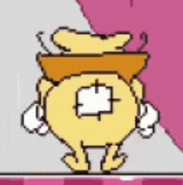 a pixel art drawing of a yellow cartoon character with a hat on his head .