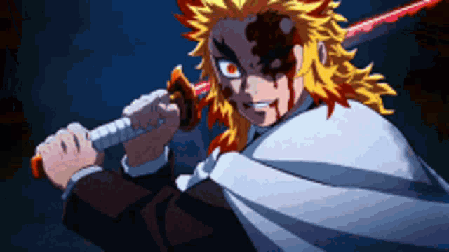 a man with blood on his face holding a sword