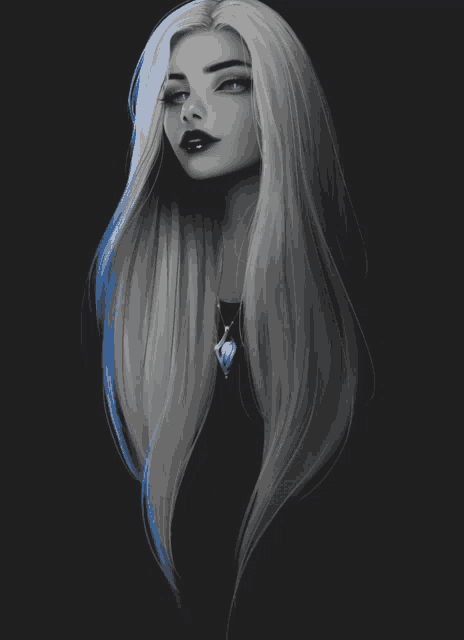 a black and white drawing of a girl with long hair and blue eyes