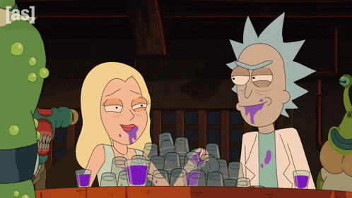 a cartoon of rick and morty sitting at a bar with purple liquid coming out of their mouths