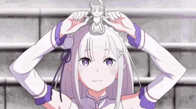 a girl with white hair and purple eyes is holding a toy on her head .